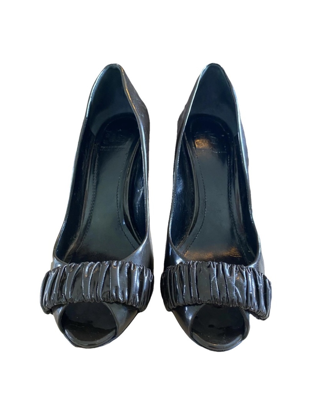 🛍️ Burberry Authentic Patent Leather Peep-Toe Heels with Ruched Detail Size 37.
